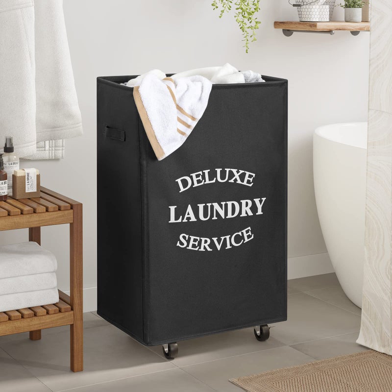 WOWLIVE Large Rolling Laundry Basket Wheels 90L Collapsible Tall Laundry Hamper Handle Foldable Dirty Clothing Basket Fold up Rectangular Hampers for Laundry Dorm Room (Black) - Image 2